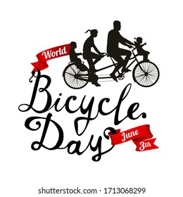 Weltfahrradtag. 3. Juni. Vektorillustration-Karte. Familienspaziergang auf Tandembike 