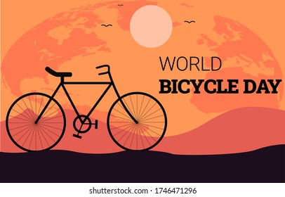 Día Mundial de la Bicicleta en junio frente a la puesta de sol y el mundo con aves