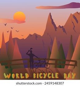 World bicycle day lettering and man man standing by road looking at sunset over mountains. Vector illustration From a cliff a cyclist looks at the setting sun taking off his cap from his head. There