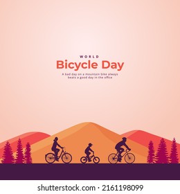 World Bicycle Day On 3rd June. Riders Through Mountains And Forest Vector Illustration