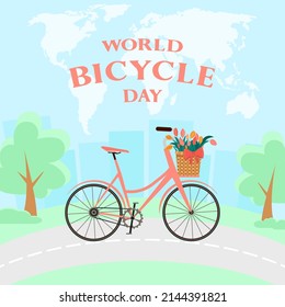 World Bicycle Day. Bicycle on the background of nature and the city. Holiday concept.