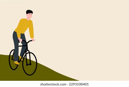 World Bicycle Day on June 3. Vector stock illustration. The bike rides on the road. Banner. A man in a helmet pedaling.