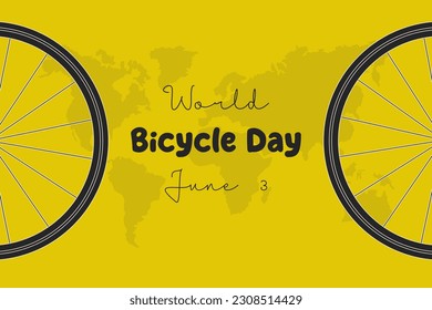 World Bicycle Day on June 3 with maps and bicycle wheels on yellow background. Vector Illustration.