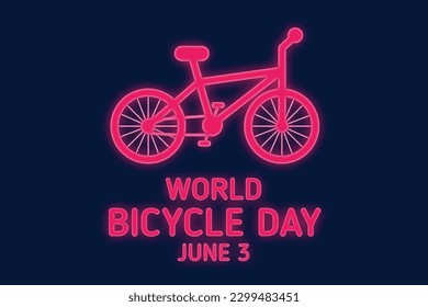 World Bicycle Day Poster with Pink neon bike silhouette vector. Pink neon bicycle icon vector. Bike silhouette isolated on a dark blue background. Bicycle Day Poster, June 3. Important day