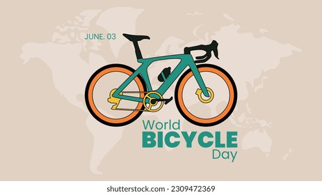 World Bicycle Day Poster with summer touring bike, world map, and text art in trendy vector illustration. Bicycle color linead icon. Green bike isolated on beige background. Bicycle Day Poster, June 3