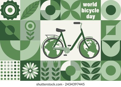 World bicycle day poster template. Geometric mosaic background. International holiday june 3. Template for background, banner, card, poster with text inscription