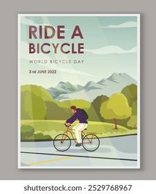 World bicycle day poster. Travel and tourism. Hobby and leisure. Environmentally friendly transport. International holiday and festival 3 June. Flat vector illustration isolated on grey background