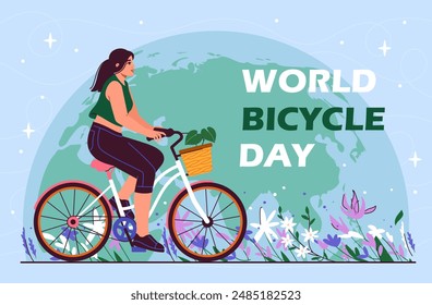 World bicycle day poster. Woman rides bicycle against backdrop of planet. Eco friendly transport and active lifestyle. International holiday and festival. Flat vector illustration