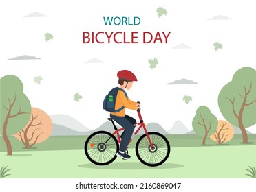 World bicycle day poster with young boy riding bicycle on the nature background, healthy lifestyle concept, environment protection concept, flat vector illustration