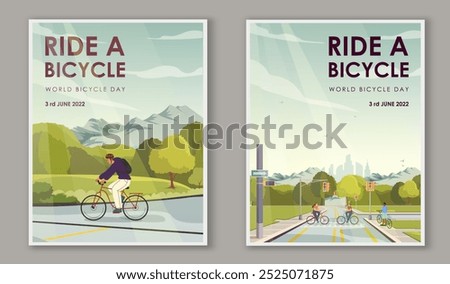 World bicycle day posters set. Ciclysts at city streets. Walk in city park and streets. Active lifestyle and environmentally friendly transport. Flat vector collection isolated on grey background