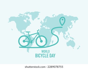 World Bicycle Day, bicycle sign, bicycle silhouette against a world map with destination road, vector illustration in flat style