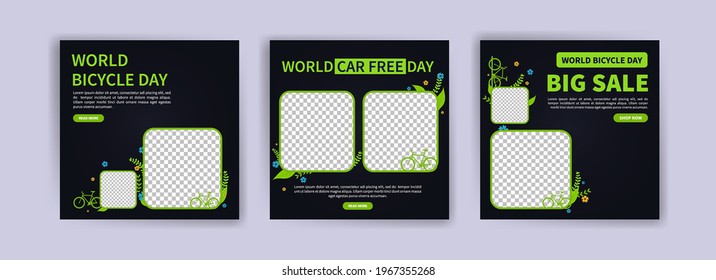 World Bicycle Day. Social media post for world bicycle day. Environmental Conservation Campaign. Discount sales banner.