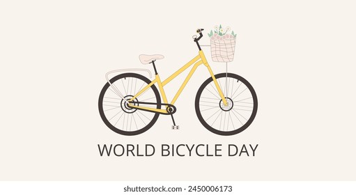 World bicycle day template. Global sport and healthy life holiday banner element. Bike with basket full of flower. Vector flat outline illustration.