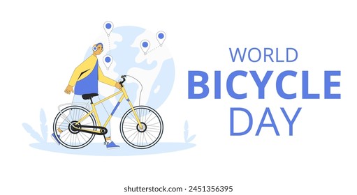 In: World Bicycle Day Vorlage. Globale Sport und gesundes Leben Urlaub Grußkarte. Junger Mann und sein Fahrrad unter Navigation Emblem Hintergrund und Text. Vektorgrafik flache Abbildung.