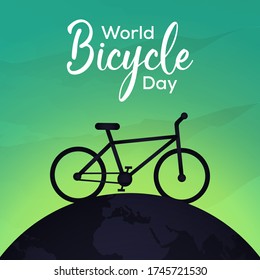 world bicycle day vector bicycle and earth shadow with green sky