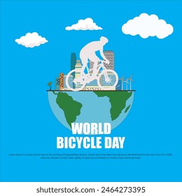 World Bicycle Day vector file. make green and save environment. a boy riding cycle and world map with green and sky color. eps 10.