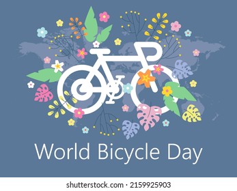 World Bicycle Day vector. Bicycle icon and flowers, leaves vector illustration. Bike silhouette and world map. Bicycle and Earth