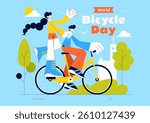 World Bicycle Day Vector Illustration on 3rd June Featuring a Person Riding a Bicycle on a Road with Buildings and Trees in a Flat Style Background