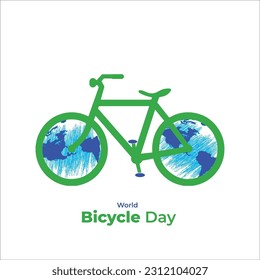 World Bicycle Day vector illustration. Green bicycle with globes as tires concept for green world concept for world bicycle day. Minimalist design.