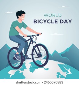 World bicycle day vector illustration. bicycle riding on globe.