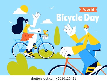 World Bicycle Day Vector Illustration on 3rd June Featuring a Person Riding a Bicycle on a Road with Buildings and Trees in a Flat Style Background