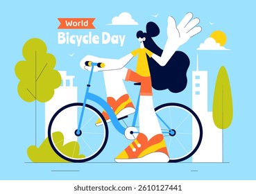 World Bicycle Day Vector Illustration on 3rd June Featuring a Person Riding a Bicycle on a Road with Buildings and Trees in a Flat Style Background