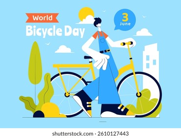 World Bicycle Day Vector Illustration on 3rd June Featuring a Person Riding a Bicycle on a Road with Buildings and Trees in a Flat Style Background