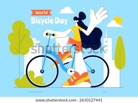 World Bicycle Day Vector Illustration on 3rd June Featuring a Person Riding a Bicycle on a Road with Buildings and Trees in a Flat Style Background