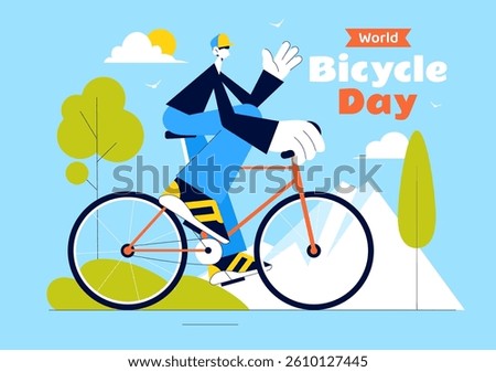 World Bicycle Day Vector Illustration on 3rd June Featuring a Person Riding a Bicycle on a Road with Buildings and Trees in a Flat Style Background