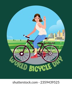 World bicycle day. woman riding a bicycle landscape background. Go Green Save Environment banner poster