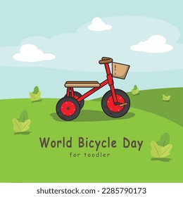 
world bicycle day for young children using a tricycle in an open air cool and peaceful