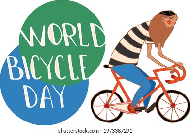 World bicycle day. Young woman riding city bicycle. Cycling female character isolated on white background. Hand-drawn colored flat vector illustration