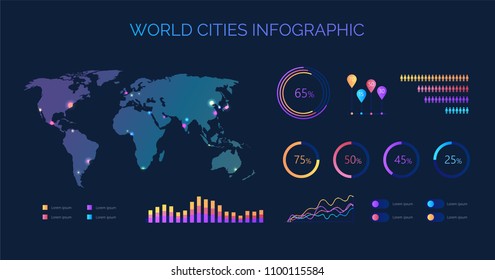 World biggest cities color vector infographic map with diagrams World biggest cities color vector infographic map with diagrams