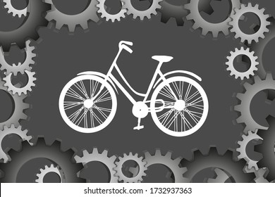 World bike day. White bicycle on a dark background with gears frame. The concept of a holiday, a healthy lifestyle, sports, ecology. Vector image. Suitable for poster, banner, advertisement.