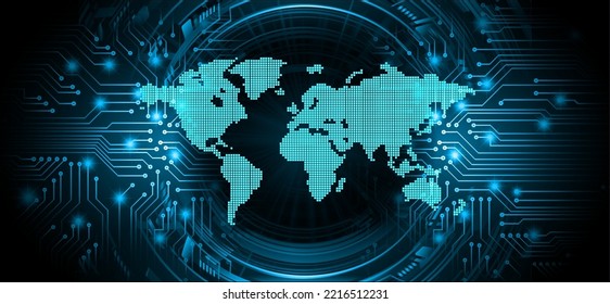 tarjeta de circuito binario mundial tecnología futura, fondo de concepto de ciberseguridad de color azul