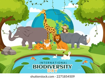 World Biodiversity Day on May 22 Illustration with Biological Diversity, Earth and Animal in Flat Cartoon Hand Drawn for Landing Page Templates