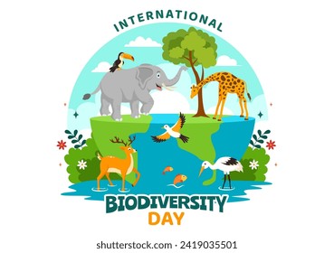 World Biodiversity Day Vector Illustration with Biological Diversity, Earth and the Various Animal in Nature Flat Cartoon Background
