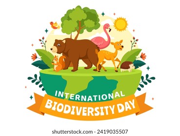 World Biodiversity Day Vector Illustration with Biological Diversity, Earth and the Various Animal in Nature Flat Cartoon Background
