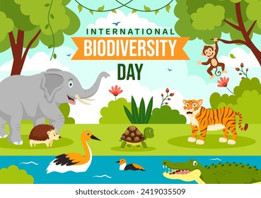 World Biodiversity Day Vector Illustration with Biological Diversity, Earth and the Various Animal in Nature Flat Cartoon Background