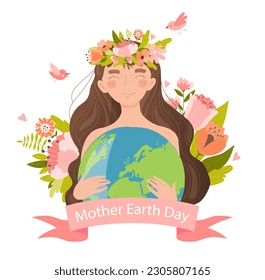 World biodiversity Day. Young girl hugs planet. Woman with flowers, activist and volunteer. Caring for nature and ecology. International holiday or festival. Cartoon flat vector illustration