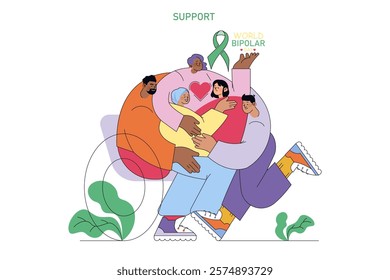 World Bipolar Day concept. Diverse group of people embracing, symbolizing community and support for mental health awareness. Unity and care illustration. Vector illustration.