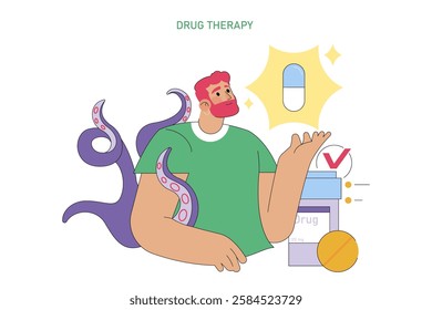 World Bipolar Day concept. An illustrated man with symbolic tentacles represents mood fluctuations, facing a shining capsule, suggesting medication treatment. Vector illustration.