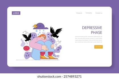 World Bipolar Day concept. Illustration depicting the depressive phase with a person and symbolic dark elements. Mental health awareness and support. Vector illustration.