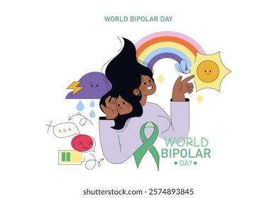 World Bipolar Day concept. Illustration showcasing awareness with a woman, symbolic icons for mood swings. Support for mental health. Vector illustration.