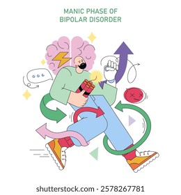 World Bipolar Day concept. Illustration depicting the manic phase with dynamic symbols of energy and mood swings. Educational mental health awareness. Vector illustration.