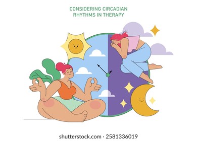 World Bipolar Day concept. Illustration highlighting the importance of circadian rhythms in mental health therapy. Day and night balancing wellness. Vector illustration.