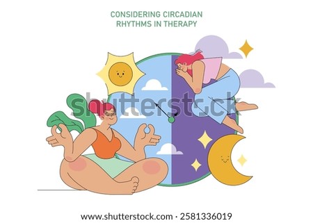 World Bipolar Day concept. Illustration highlighting the importance of circadian rhythms in mental health therapy. Day and night balancing wellness. Vector illustration.
