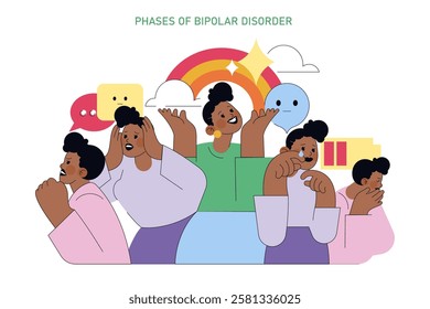 World Bipolar Day concept. A visual narrative of bipolar disorder, showing the various emotional states affected individuals experience. Mental health awareness. Vector illustration.