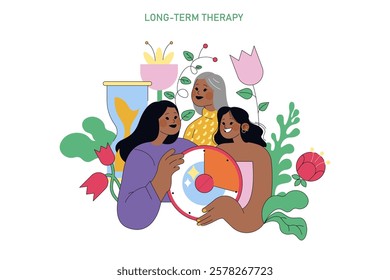 World Bipolar Day illustration. Three diverse women engage in therapy session, promoting mental health awareness with joy. Vector illustration.