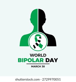 World Bipolar Day poster vector illustration. Green and black and white striped awareness ribbon icon. Split personality symbol. Template for background, banner, card. 30 March every year. Important day